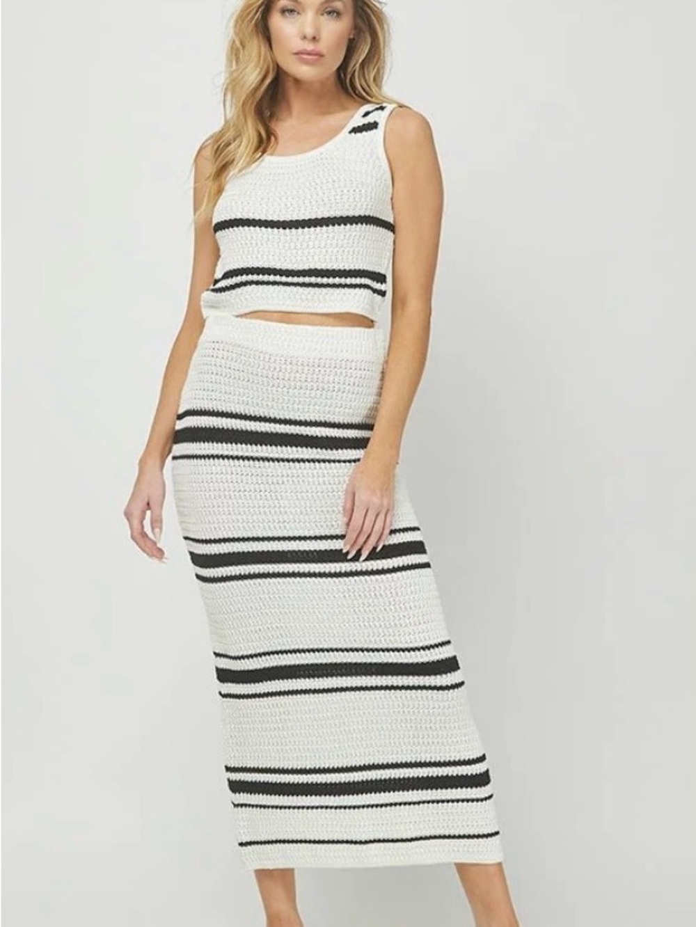 NEEDII Striped Knit CROP TOP AND Maxi Skirt in White and Black